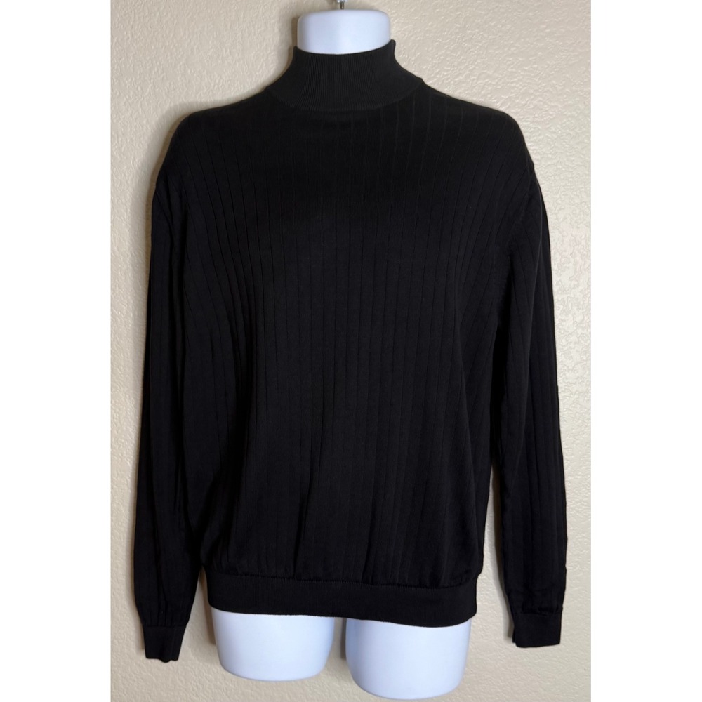 Grant Thomas XL Sweater Black Silk Cotton Blend Ribbed Mock Neck Long Sleeve